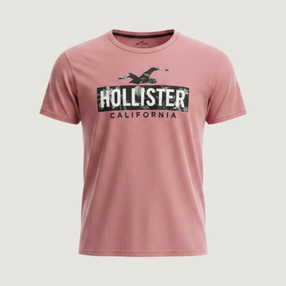 Hollister California Mens Graphic T-Shirt Large Salmon Floral Logo 100% Cotton